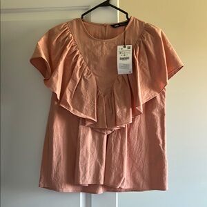 Zara Orange Ruffled Bib Collar Blouse